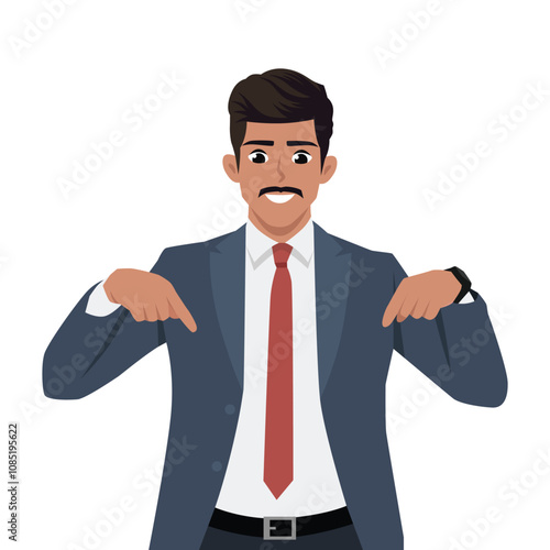 Businessman wearing suit smiling and pointing in the direction below. Flat Vector Character Isolated.