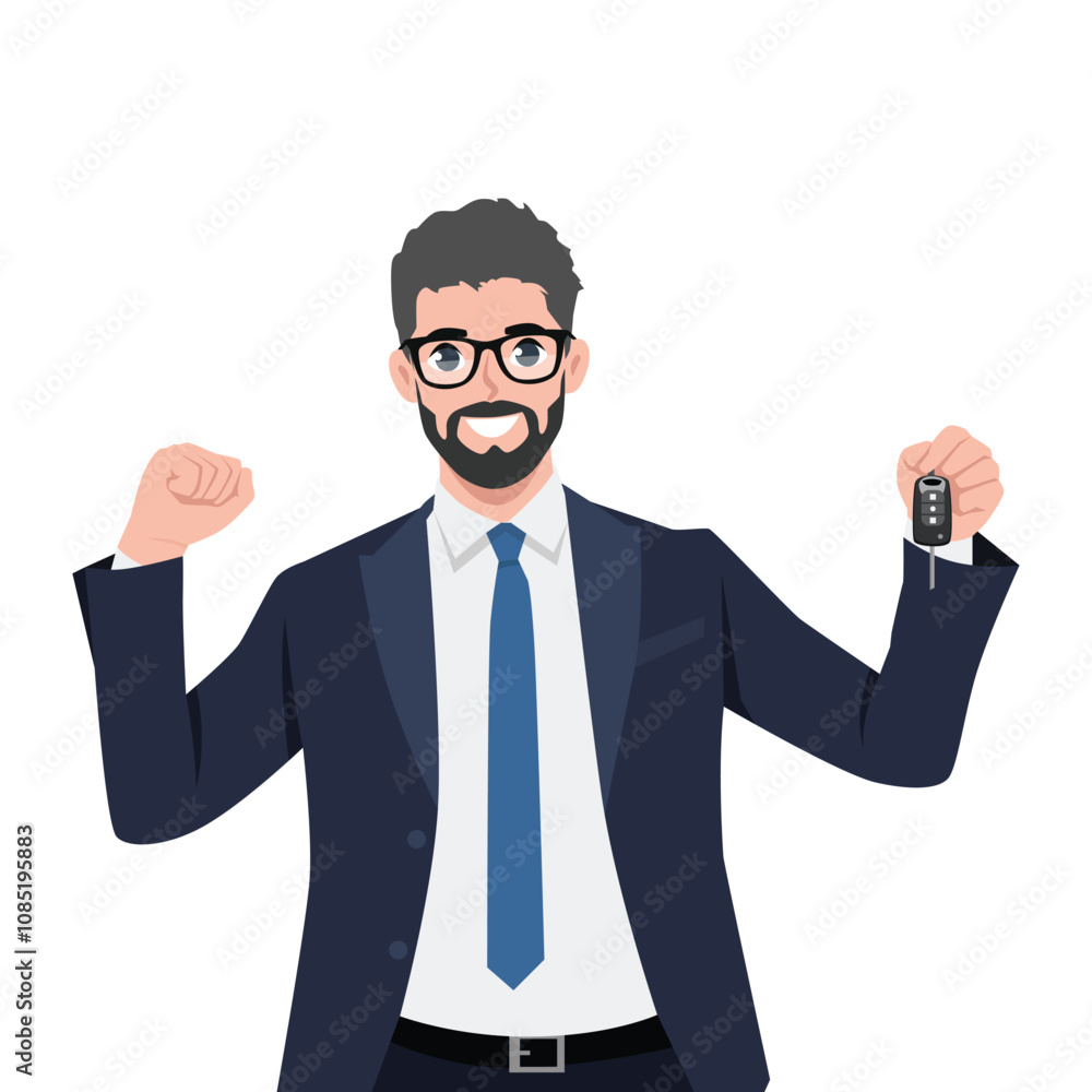 Businessman hold a key of new car. Flat Vector Character Isolated.