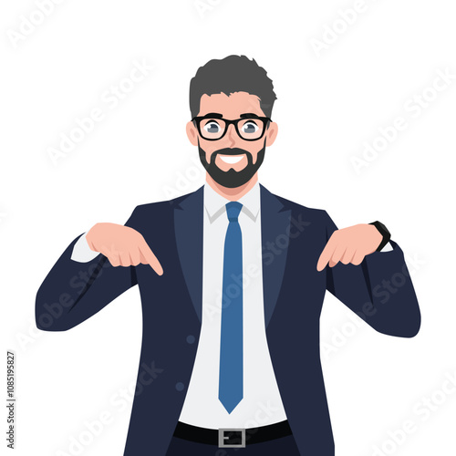 Young businessman wearing suit smiling and pointing in the direction below. Flat Vector Character Isolated.