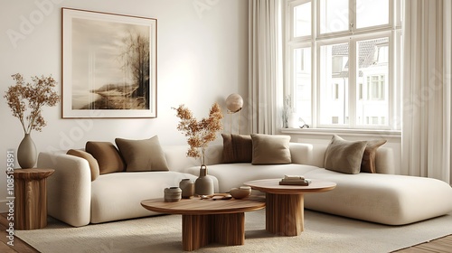 Cozy modern living room with neutral tones and natural decor.