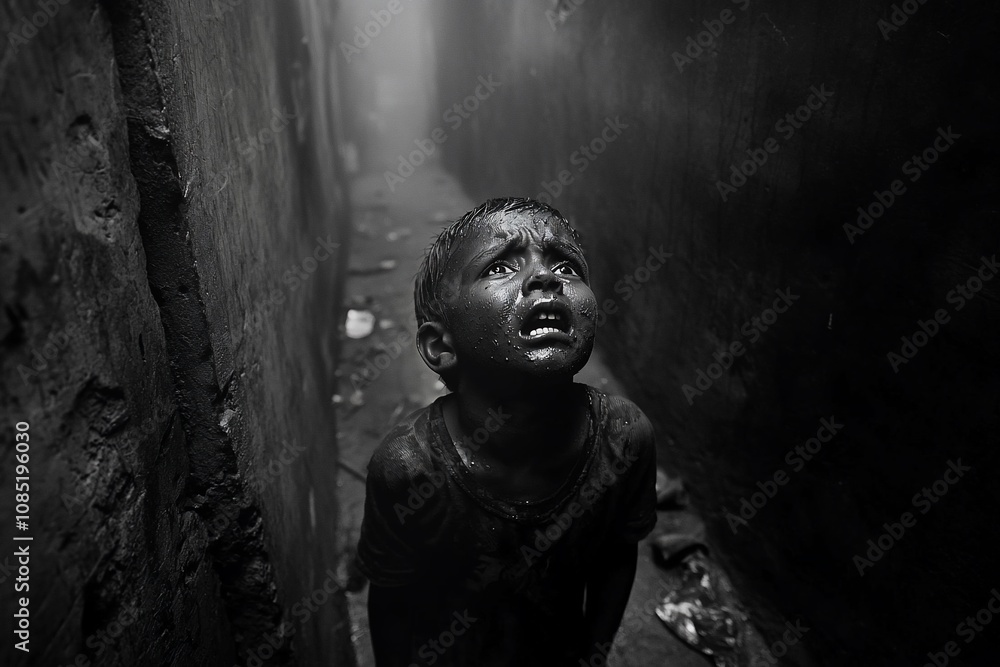 A Child's Plea: Hope Amidst Shadows in a Forgotten Alley A Child's Plea: Hope Amidst Shadows in a Forgotten Alley