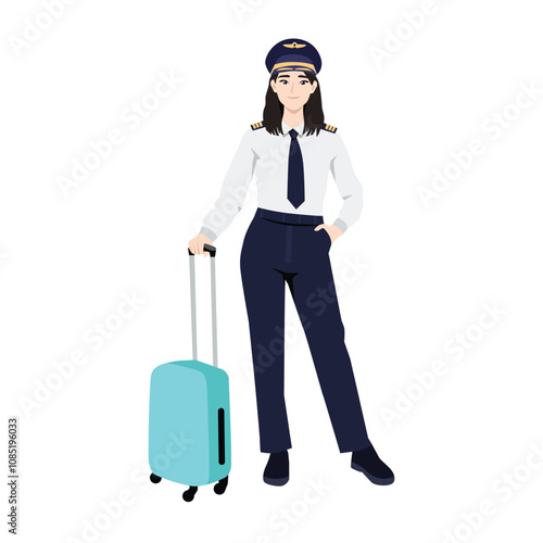 Young aviation beautiful female pilots caring luggage. Flat Vector Character Isolated.