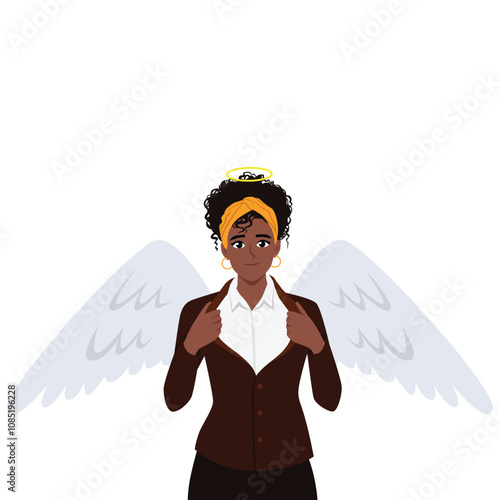 Young beautiful angel investor woman who help willing to invest in promising. Flat Vector Character Isolated.