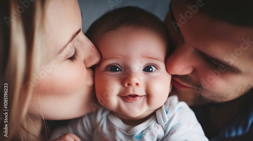 mom and dad kissing their baby on the cheeks from two sides, parents kiss their newborn baby