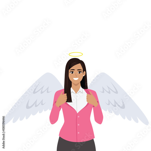 Young angel investor woman who help willing to invest in promising. Flat Vector Character Isolated.