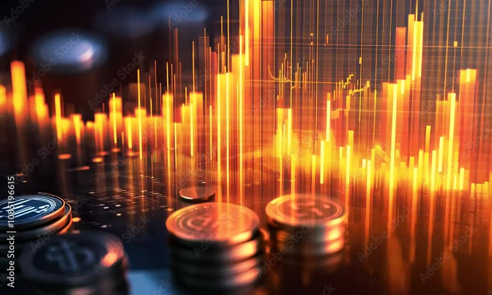 Stacks of Coins with Digital Financial Stock Market Graph Concept : Generative AI Stacks of Coins with Digital Financial Stock Market Graph Concept : Generative AI