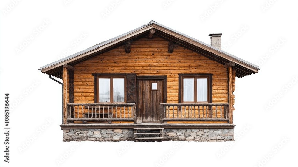 An isolated image of a cozy country-style house with wooden siding and stone details, capturing rustic charm. An isolated image of a cozy country-style house with wooden siding and stone details, capturing rustic charm.
