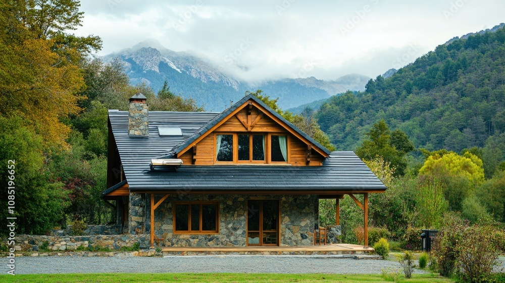 Fototapeta premium An isolated image of a cozy country-style house with wooden siding and stone details, capturing rustic charm.