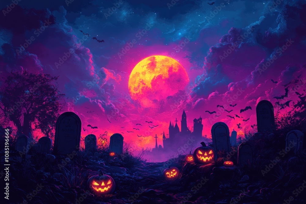 Halloween Night in a Cemetery with a Giant Red Moon Halloween Night in a Cemetery with a Giant Red Moon