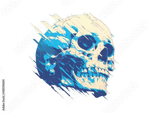A stylized blue and white skull illustration with a dynamic, abstract design.