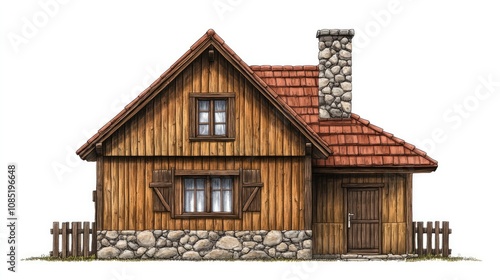 An isolated image of a cozy country-style house with wooden siding and stone details, capturing rustic charm.