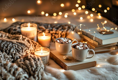 A romantic evening by candlelight, a mug of hot drink with marshmallows, a book and hearts