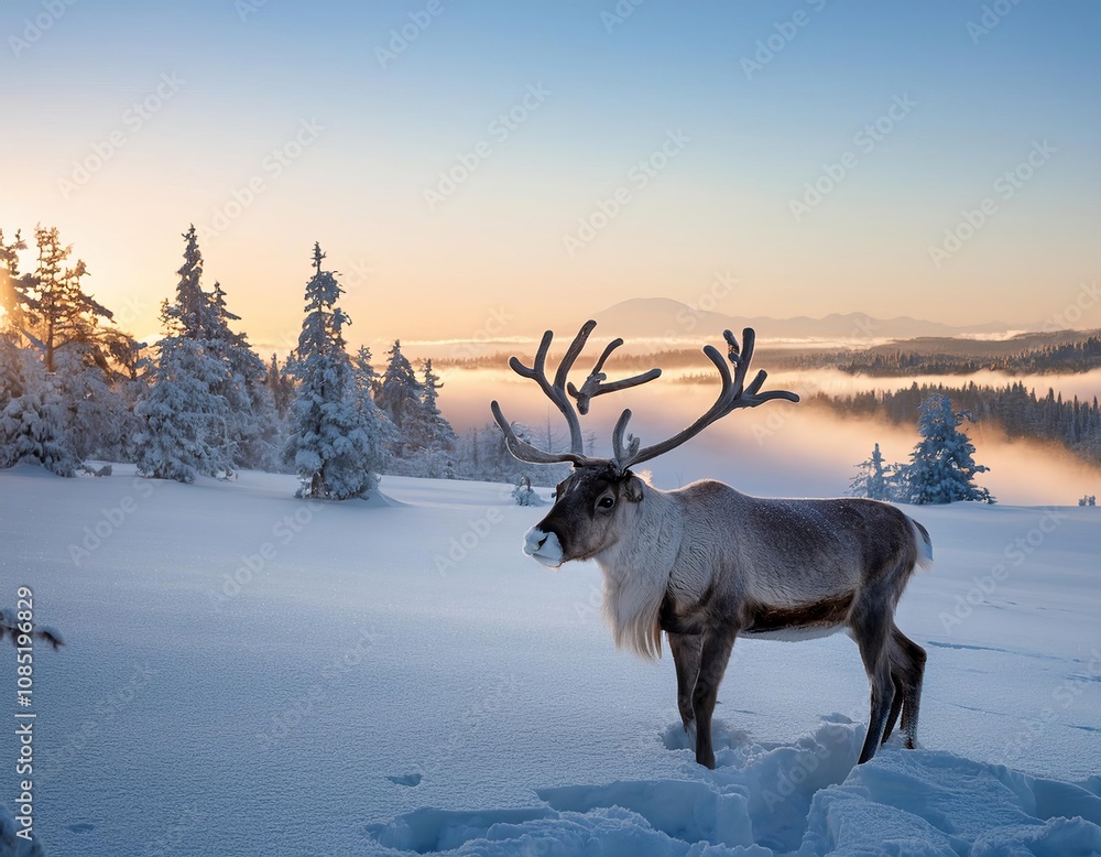 Reindeer standing in snowy landscape at sunset with fog in the valley Reindeer standing in snowy landscape at sunset with fog in the valley