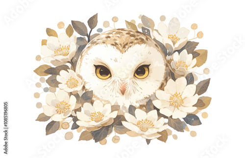 A serene owl surrounded by white flowers, creating a calming and nature-inspired aesthetic.