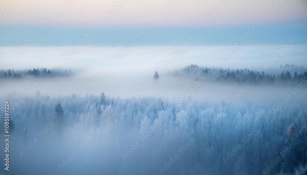 Fototapeta premium Frozen forest emerging from the fog at dawn