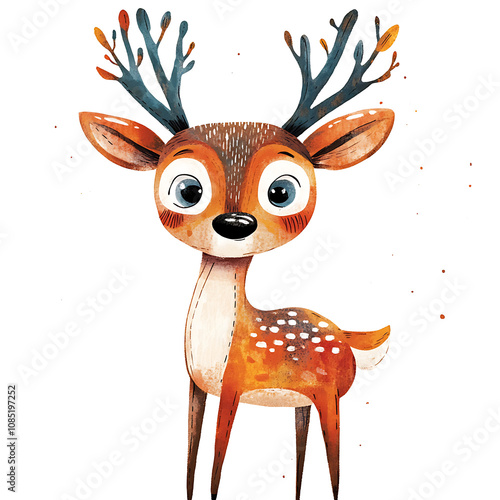 Cute cartoon deer with whimsical features and colorful antlers, perfect for children illustrations and playful designs photo