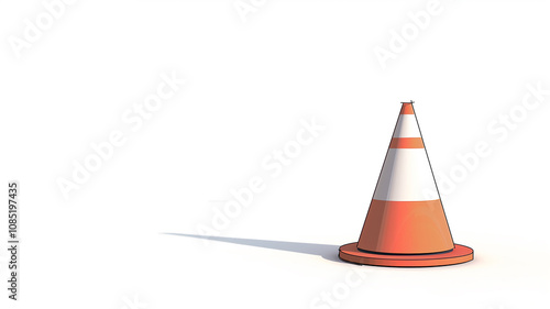 A cone-shaped orange and white sign with a white stripe is placed on a white background. The cone is tall and has a pointed top, making it stand out against the plain white background