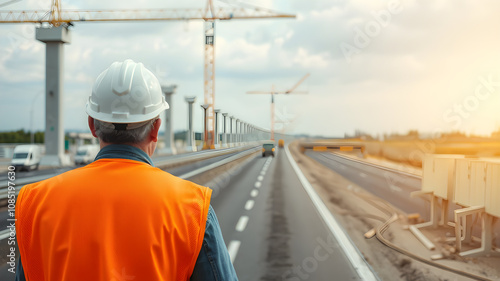 Construction Engineer Overseeing Bridge Development on a Highway Project with Cranes and Modern Infrastructure in Progress