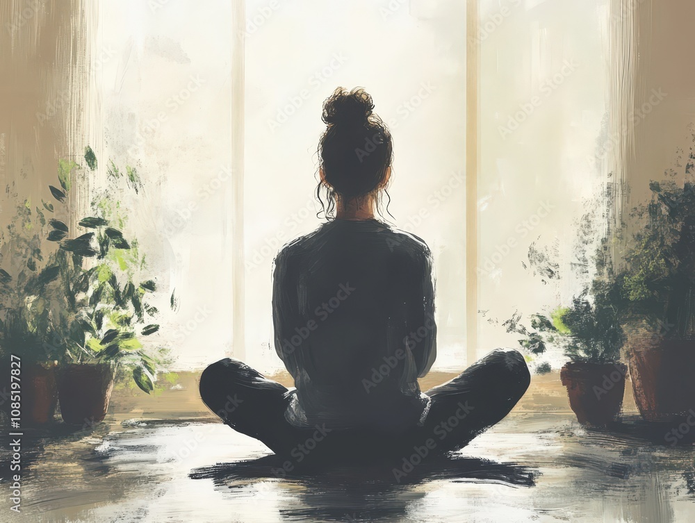A serene moment of meditation by a sunny window, surrounded by lush plants, promoting calmness and mindfulness. A serene moment of meditation by a sunny window, surrounded by lush plants, promoting calmness and mindfulness.