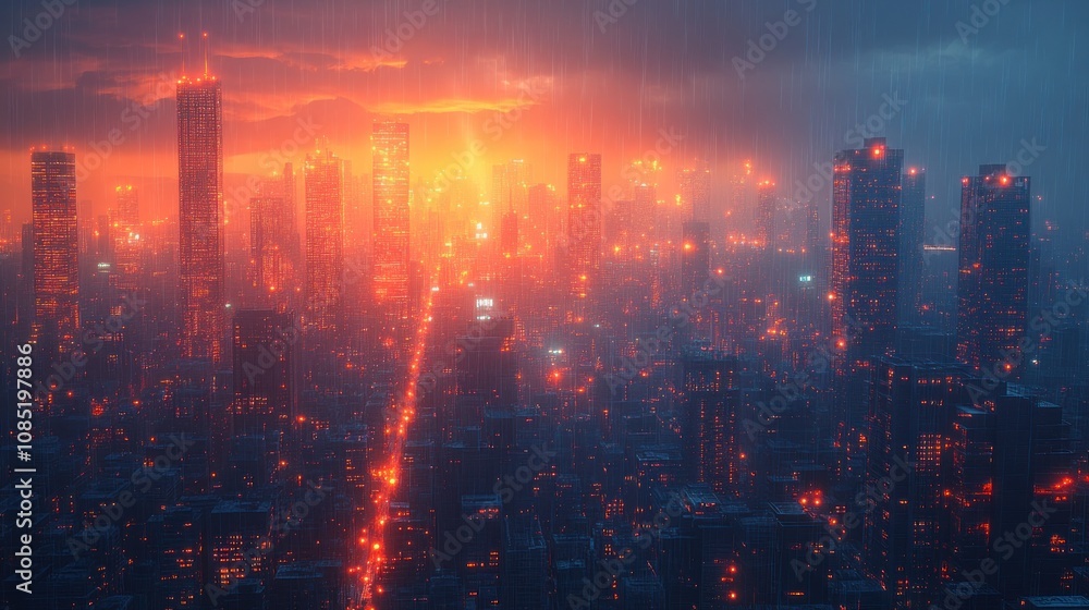 Rainy sunset over futuristic city. Rainy sunset over futuristic city.
