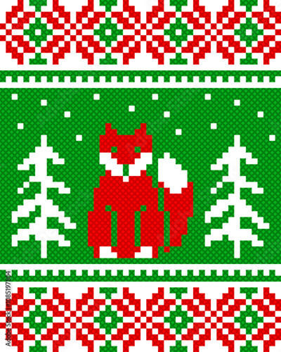 seamless pattern with fox and christmas flower. tribal pattern. local fabric pattern. pixel pattern. cross stitch