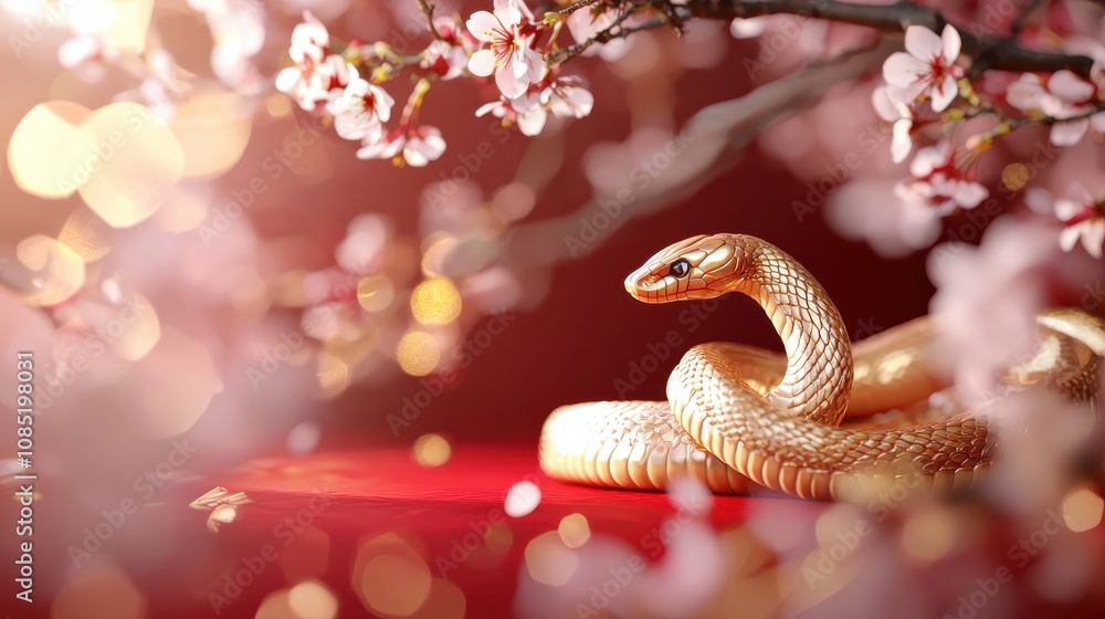 3D-rendered golden snake elegantly coiled on a rich red background, surrounded by cherry blossom branches, 3D-rendered golden snake elegantly coiled on a rich red background, surrounded by cherry blossom branches,