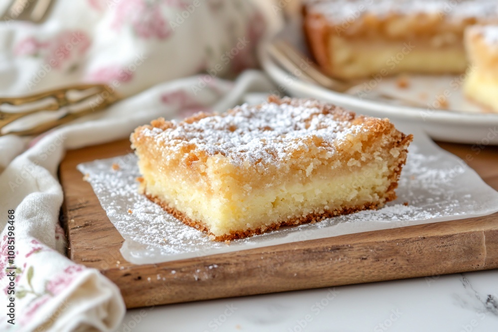Deliciously Moist Cake Slice Topped with Powdered Sugar Deliciously Moist Cake Slice Topped with Powdered Sugar