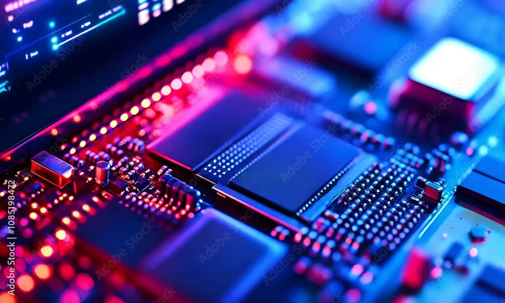 Vibrant Circuit Board with LED Lights in Technological Closeup View : Generative AI