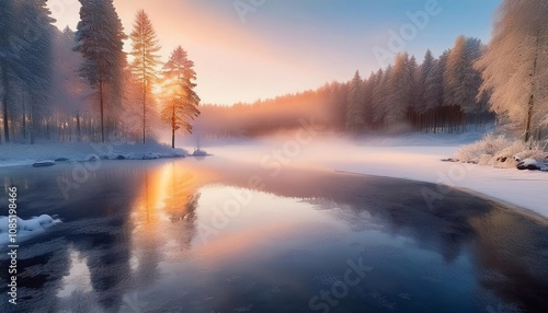 Golden sunrise illuminating foggy winter river and snowy trees