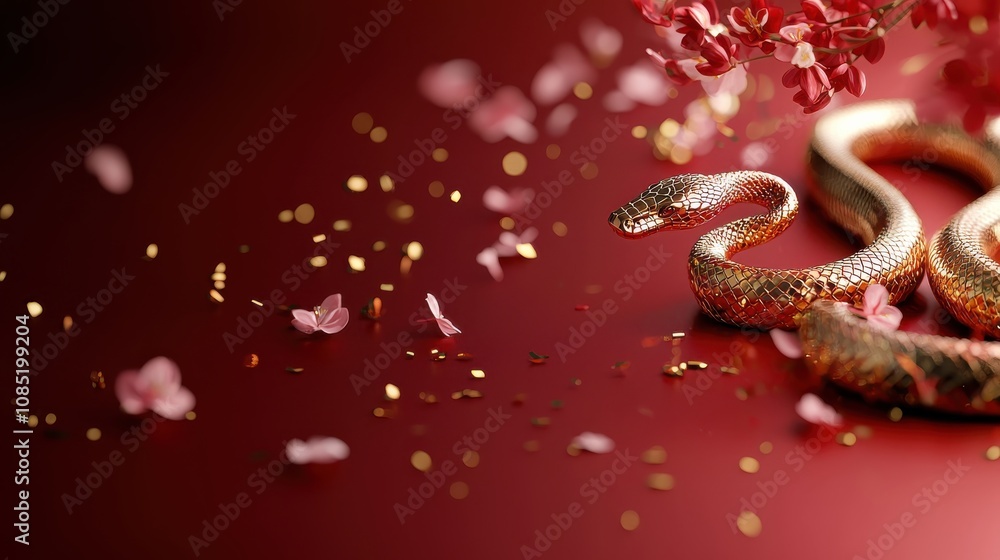 Golden snake with intricate decorative patterns on a dark red background Golden snake with intricate decorative patterns on a dark red background