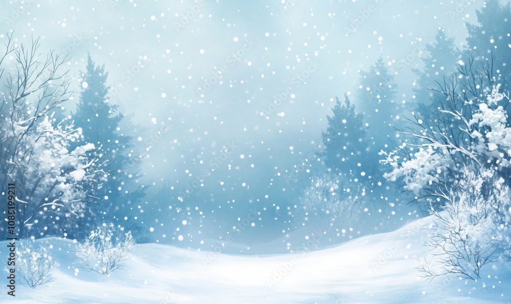 Snowy winter landscape with falling snowflakes, serene atmosphere, evergreen trees, soft snow covering ground, tranquil scene Snowy winter landscape with falling snowflakes, serene atmosphere, evergreen trees, soft snow covering ground, tranquil scene