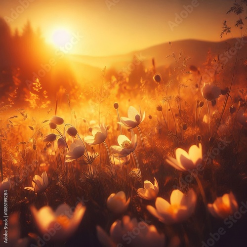 sunlit meadow, overlooking misty hills at sunrise, radiating beauty and serenity photo