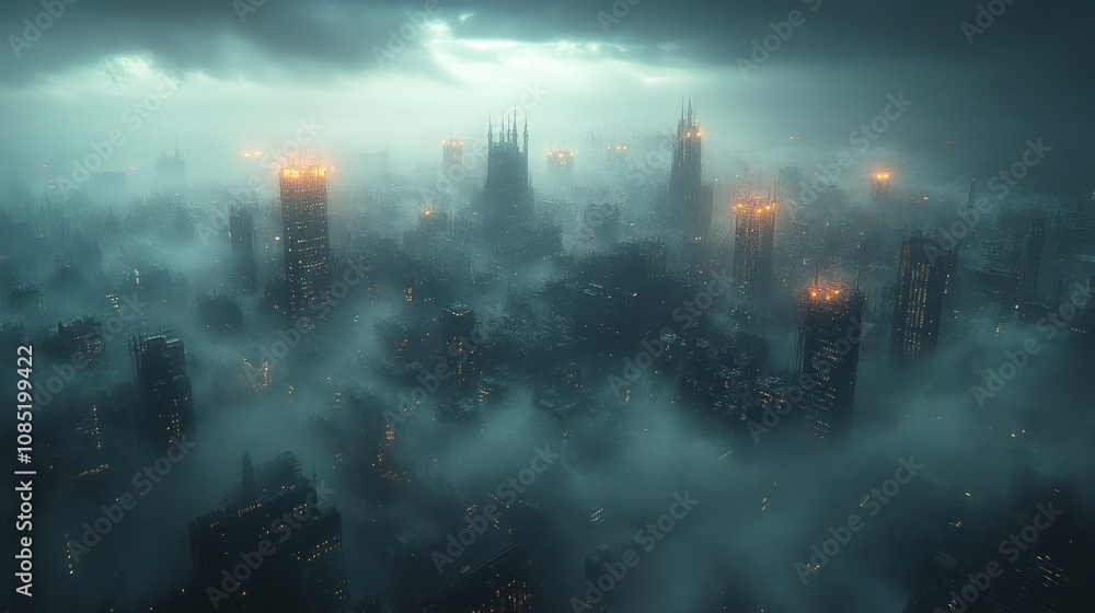Foggy dystopian city at night.