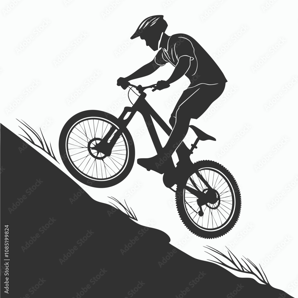 Obraz premium Black and White Silhouette Design of a Mountain Bike Cyclist Jumping, Without Helmet, Turning Handlebars Left – Perfect for Sports Illustrations and Adventure Themes