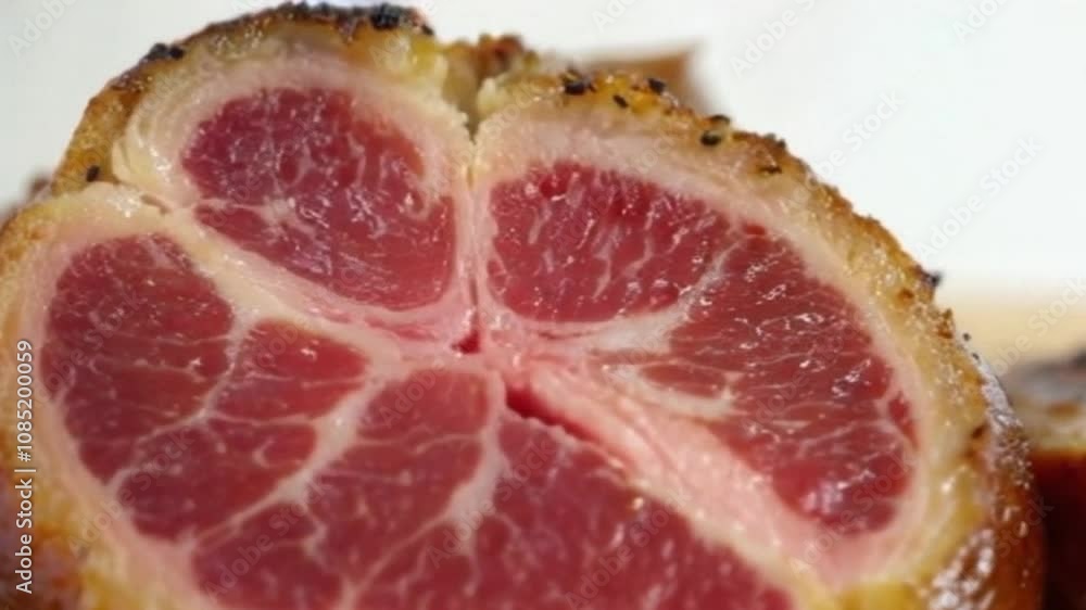 4K Close-Up of Tender Roast Beef Slicing: Juicy Interior & Crispy Golden Crust 4K Close-Up of Tender Roast Beef Slicing: Juicy Interior & Crispy Golden Crust