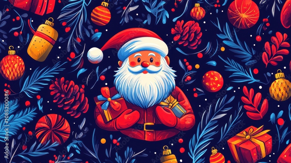 Fototapeta premium Holiday-themed vector: Santa, snowman, baubles, and gifts in vibrant, realistic details for cards and posters.