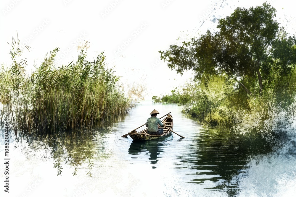 Man rows boat on a calm river. Man rows boat on a calm river.