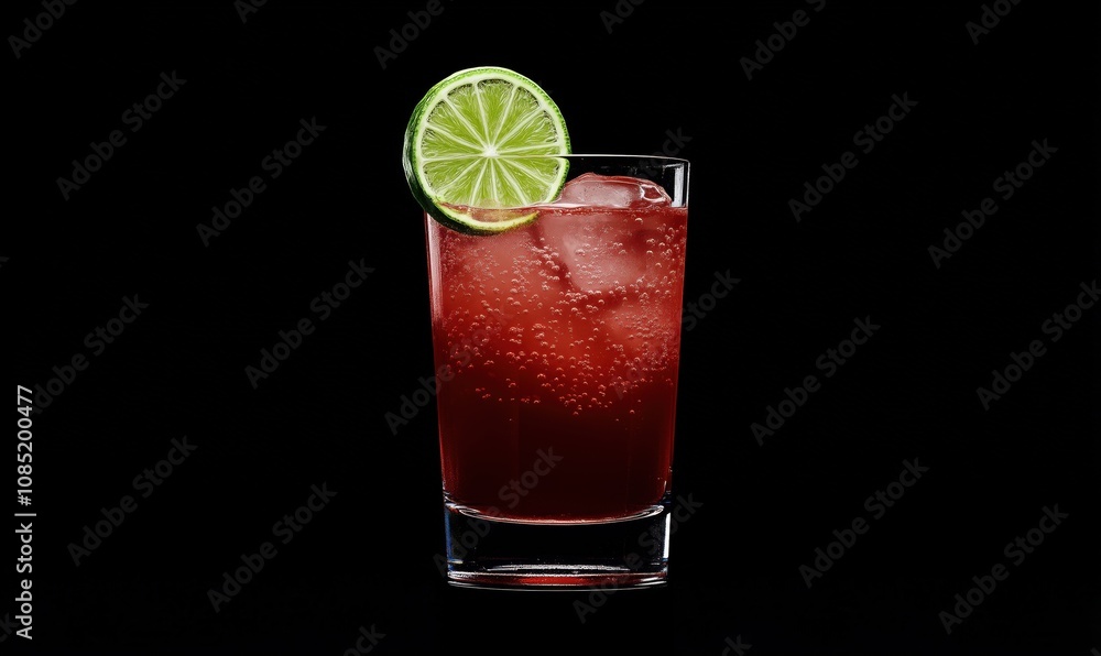 Refreshing red cocktail with lime slice, ice cubes, bubbles, served in clear glass against black background Refreshing red cocktail with lime slice, ice cubes, bubbles, served in clear glass against black background