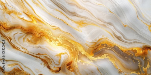 Luxurious white and gold marble texture with flowing abstract patterns. Elegant natural stone surface featuring swirling veins of metallic gold against pristine white background