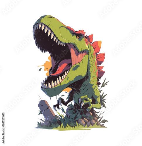 A vibrant illustration of a roaring dinosaur amidst foliage.