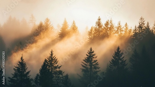 Majestic Sunlight Streams Through a Misty Forest at Dawn