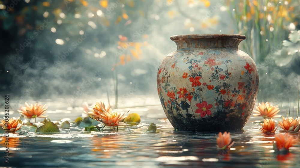 Ornate vase amidst water lilies in misty garden. Ornate vase amidst water lilies in misty garden.