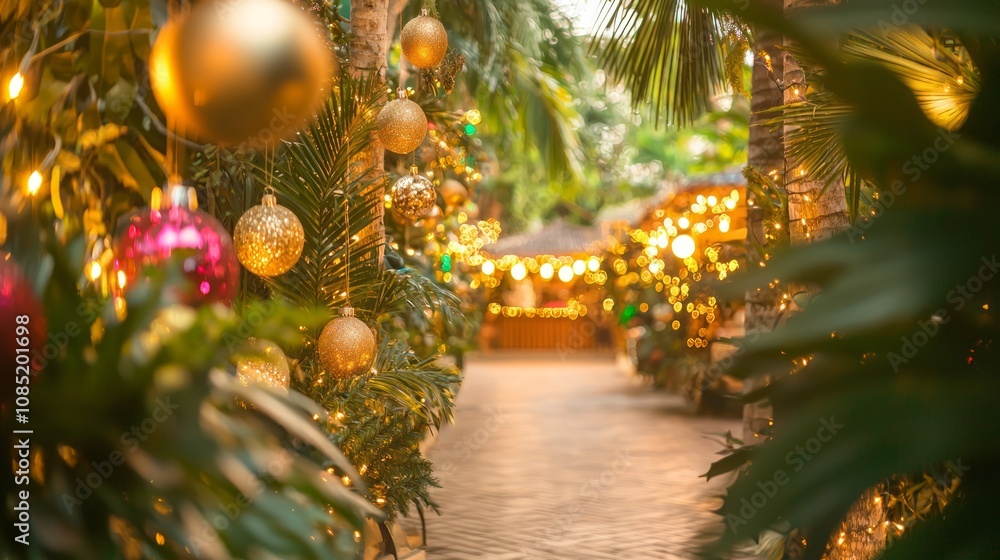 Tropical Christmas Market with Handmade Ornaments and Palm Trees Under Warm Lights Tropical Christmas Market with Handmade Ornaments and Palm Trees Under Warm Lights