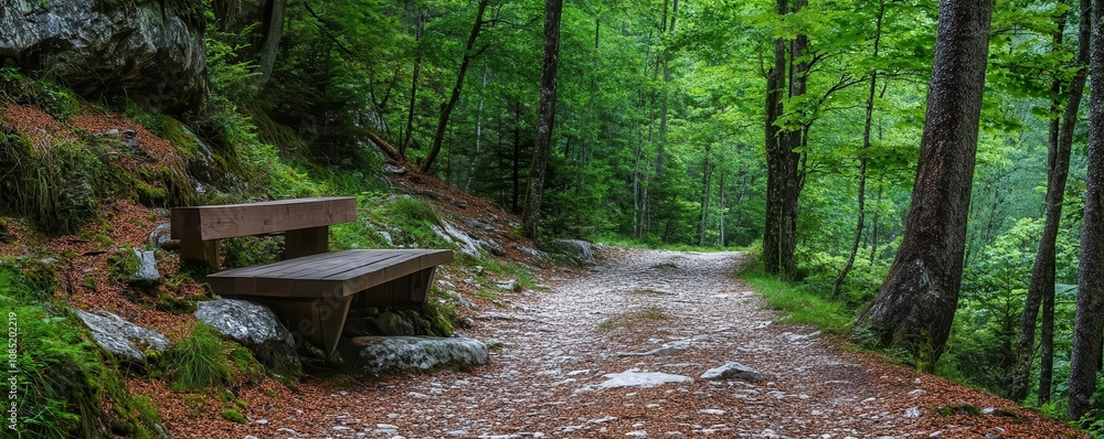 Path leading to a quiet retreat in the woods, Wellness retreat, Solitude Path leading to a quiet retreat in the woods, Wellness retreat, Solitude