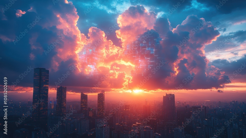 Obraz premium Cityscape sunset with vibrant clouds and digital globe.