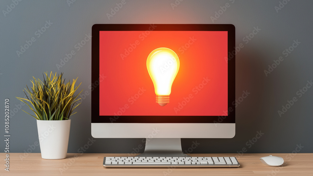 A computer monitor displays a glowing light bulb against a red background, symbolizing creativity and innovative ideas. A computer monitor displays a glowing light bulb against a red background, symbolizing creativity and innovative ideas.