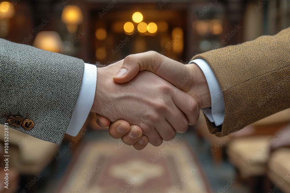 Two executives sealing a deal with a handshake in the opulent hotel lobby, marking a successful business agreement Two executives sealing a deal with a handshake in the opulent hotel lobby, marking a successful business agreement