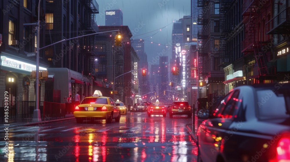 Cinematic nighttime street scene in New York City during rainfall, featuring iconic yellow taxi and neon lights reflecting off wet pavement. Urban atmosphere enhanced by moody lighting Cinematic nighttime street scene in New York City during rainfall, featuring iconic yellow taxi and neon lights reflecting off wet pavement. Urban atmosphere enhanced by moody lighting