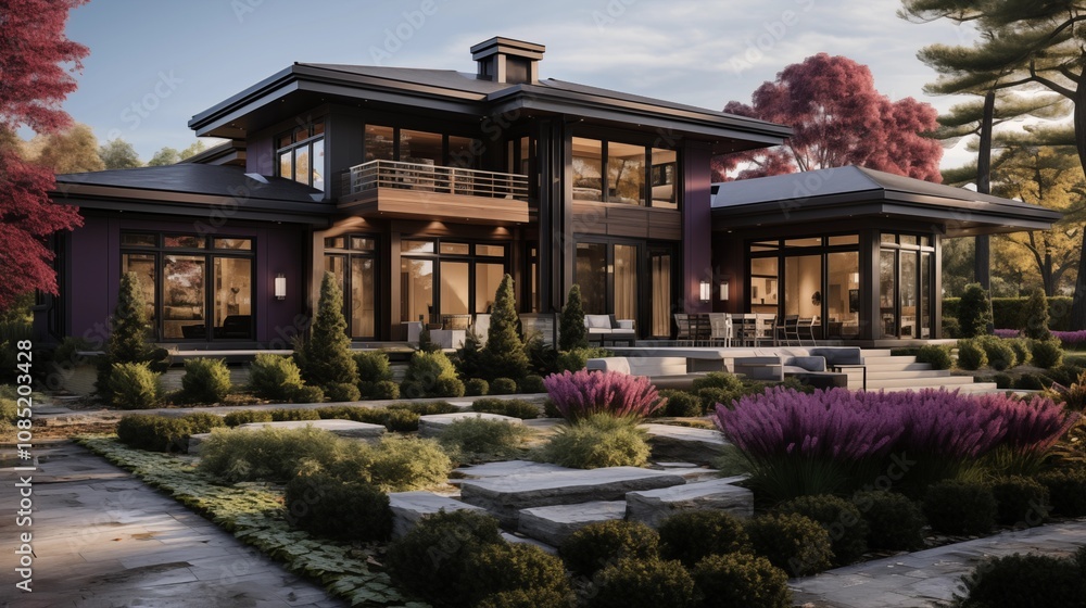 Home exterior rendering in royal purple accents, with traditional architectural style, including dark shale and bamboo details, sweeping windows, cream roof trim Home exterior rendering in royal purple accents, with traditional architectural style, including dark shale and bamboo details, sweeping windows, cream roof trim