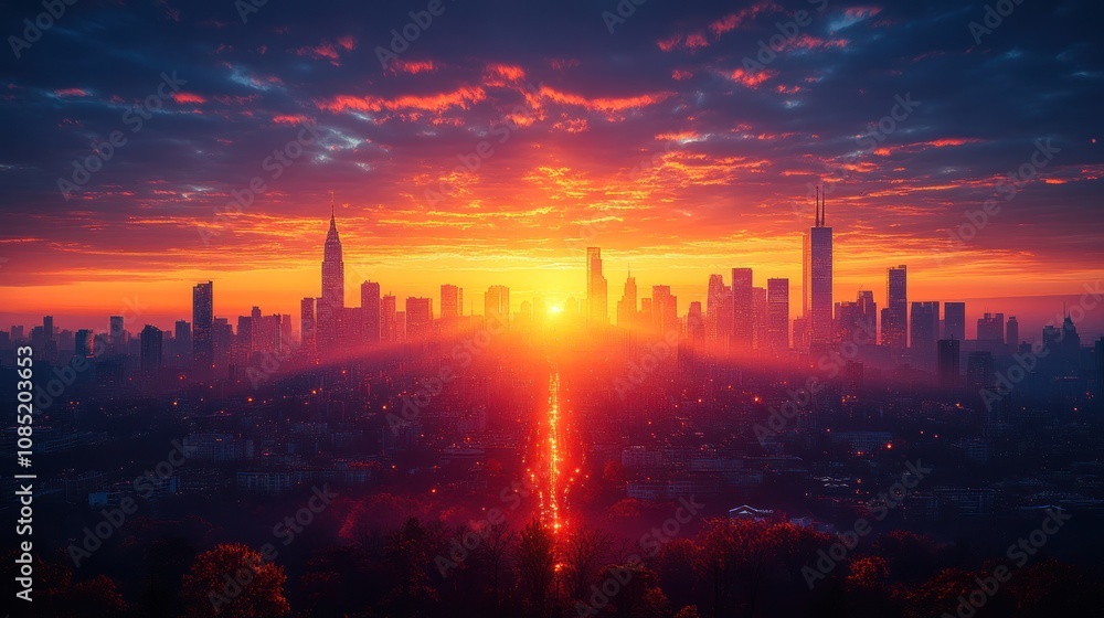 Fototapeta premium Dramatic sunrise over cityscape.